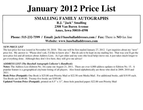 January 2012 Price List - Smalling Family Autographs