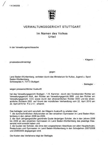 VERWALTUNGSG'ERICHT STUTTGART Im Namen des Volkes Urteil