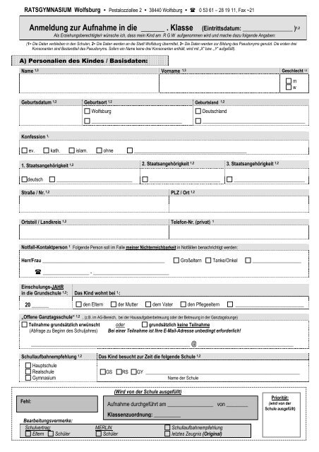 Anmeldeformular Sek I - Ratsgymnasium Wolfsburg