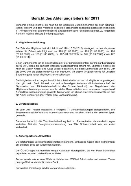 Bericht des Abteilungsleiters für 2011 - Tischtennis Schwarzenbek