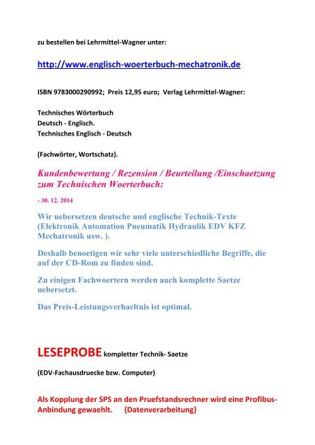 kostenlose Uebersetzungen Technisches Woerterbuch deutsch-englisch Technik-Saetze (LESEPROBE