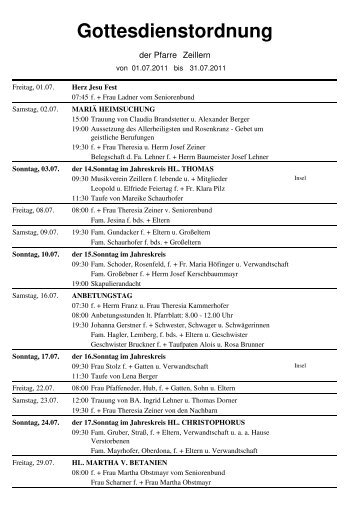 Gottesdienstordnung - pfarre-zeillern.at