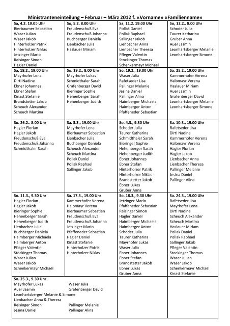 Ministranteneinteilung â Februar â MÃ¤rz 2012 f ... - pfarre-zeillern.at