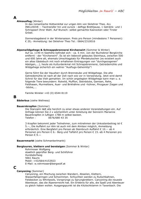 MÃ¶glichkeiten â€šIn Rauris' â€“ ABC