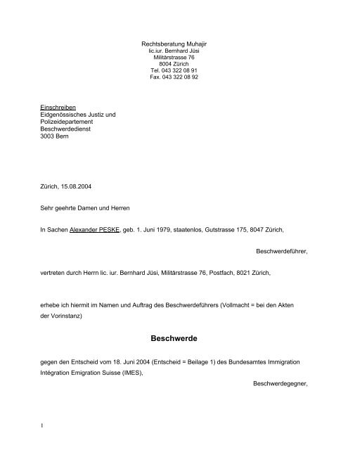 15.8.2004 Beschwerdeschrift an das EJPD (pdf) - Jugendheim ...