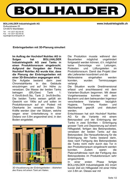 Einbringarbeiten mit 3-D-Planung - BOLLHALDER Industrielogistik AG