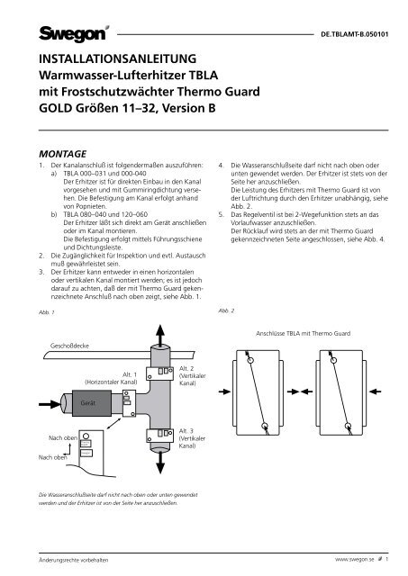 INSTALLATIONSANLEITUNG Warmwasser-Lufterhitzer ... - Swegon