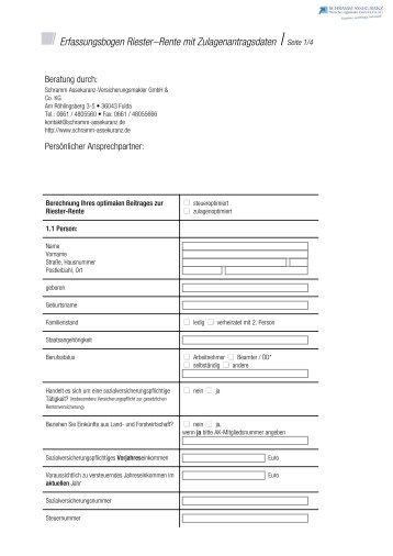 Erfassungsbogen Riester-Rente mit Zulagenantragsdaten Seite 1/4