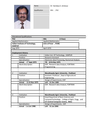 Dr Haridasa S. Acharya Educational Qualifications PhD MSc (I Class ...
