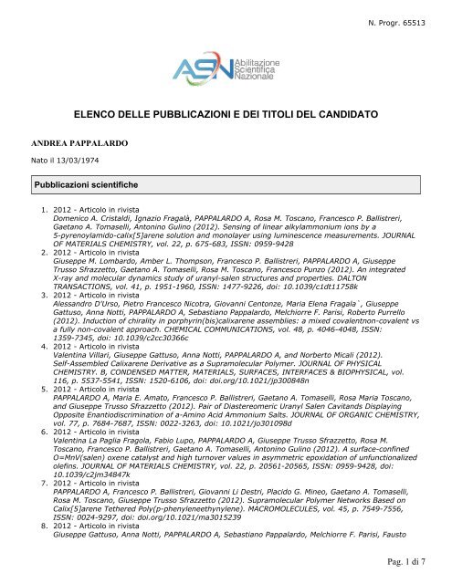 elenco delle pubblicazioni e dei titoli del candidato - Dipartimento di ...