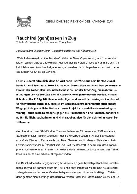 Rauchfrei (geni)essen in Zug - Joachim Eder