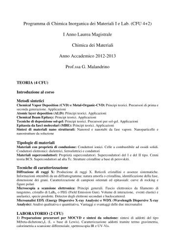 Programma di Chimica Inorganica dei Materiali I e Lab. (CFU 4+2) I ...
