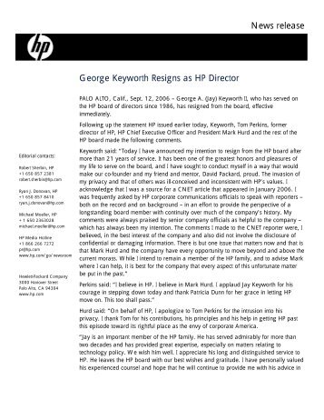 News release George Keyworth Resigns as HP Director