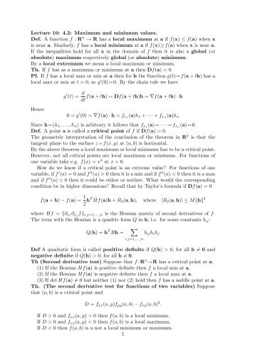 Lecture 10: 4.2: Maximum and minimum values. Def. A function f ...