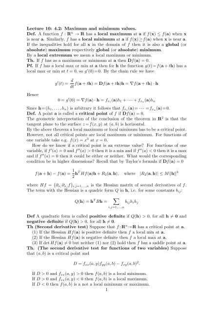 Lecture 10: 4.2: Maximum and minimum values. Def. A function f ...