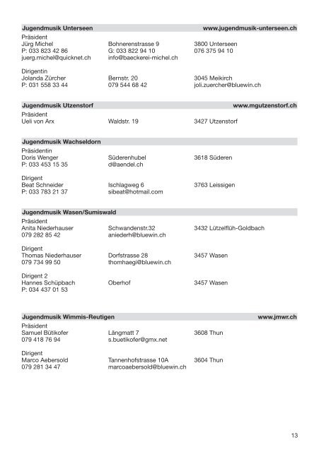 Adressverzeichnis 2012 - Verband Bernischer Jugendmusiken | VBJ