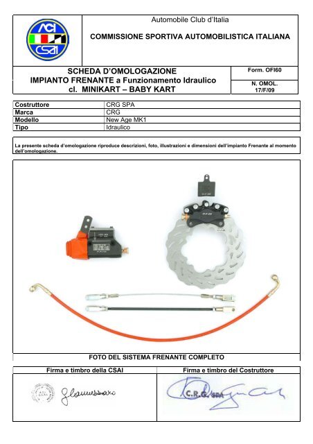 SCHEDA D'OMOLOGAZIONE IMPIANTO FRENANTE ... - CRG JAPAN