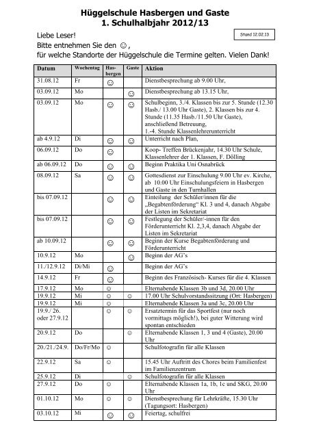 HÃ¼ggelschule Hasbergen und Gaste 1. Schulhalbjahr 2012/13