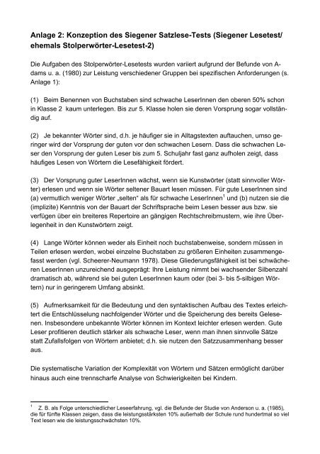 Anlage 2: Konzeption des Siegener Satzlese-Tests (Siegener ...