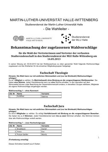 Bekanntmachung der zugelassenen WahlvorschlÃ¤ge StuRa 2013