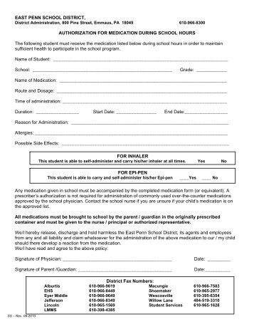 Authorization for Medication Form - East Penn School District