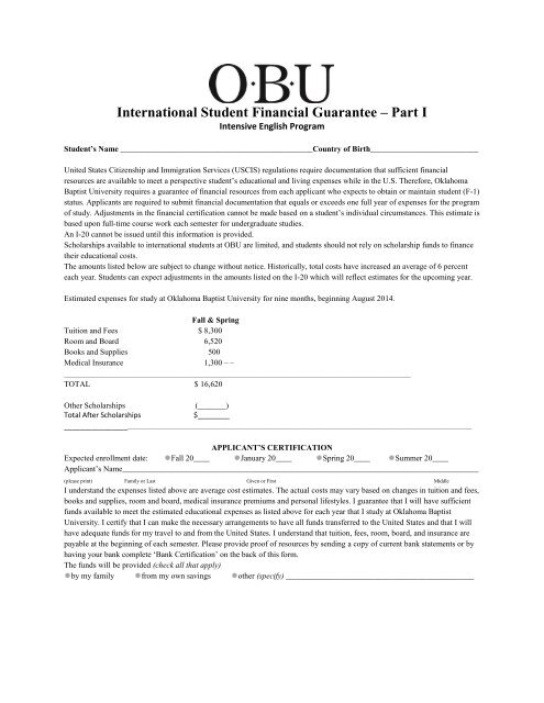 Complete The Financial Guarantee Form Oklahoma Baptist University