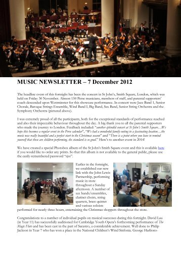 MUSIC NEWSLETTER – 7 December 2012