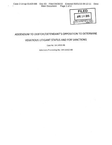 United States Bankruptcy Court - Addendum of Oma McConnell Motion Opposition to Determine Vexatious Litigant Claim made by Bob Atchison Adversary Claim