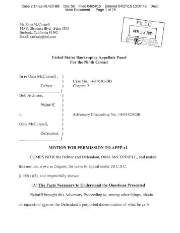 United States Bankruptcy Appellate Panel for the Ninth Circuit - Oma McConnell's Motion for Permission to Appeal 