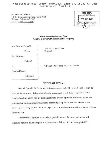 The United States Bankruptcy Court - Oma McConnell Notice of Appeal re: Bob Atchison's Adversary Claims