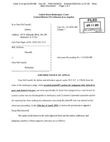 The United States Bankruptcy Court - Oma McConnell's Amended Notice of Appeal