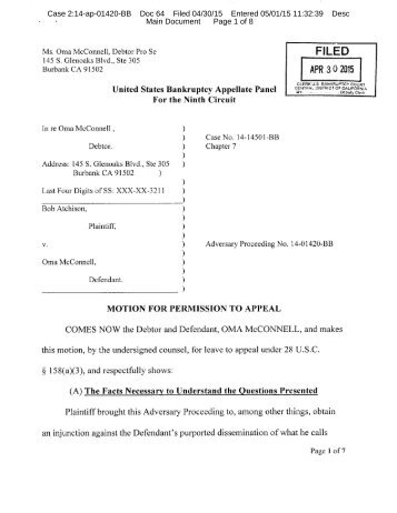 The United States Bankruptcy Court - Oma McConnell 4/30/2015 Motion for Permission to Appeal