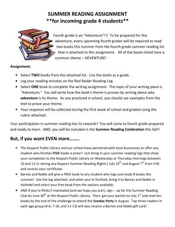 SUMMER READING ASSIGNMENT **for incoming grade 4 students**