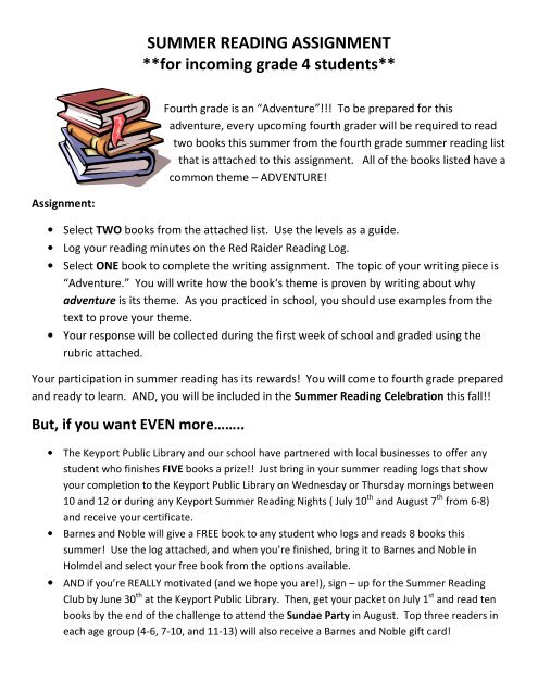 SUMMER READING ASSIGNMENT **for incoming grade 4 students**