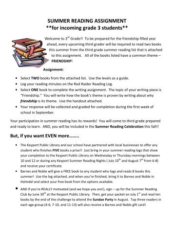 SUMMER READING ASSIGNMENT **for incoming grade 3 students**