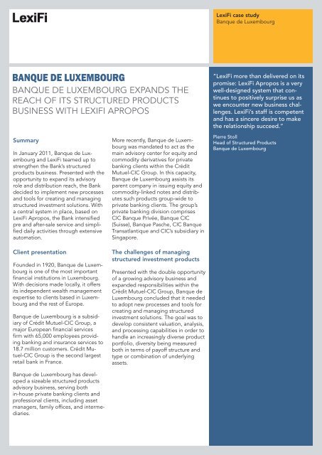 Lexifi Trade Module BANQUE DE LUXEMBOURG - LexiFi