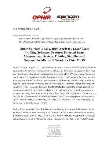 Ophir-Spiricon's LBA, High Accuracy Laser Beam ... - Ophir Optronics