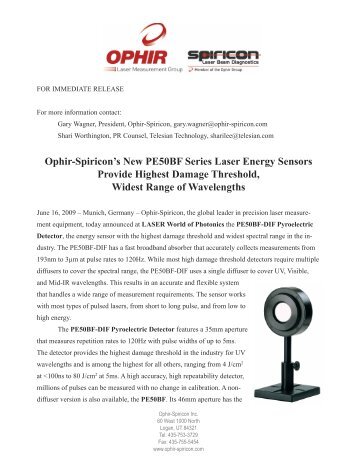 Ophir-Spiricon's New PE50BF Series Laser ... - Ophir Optronics