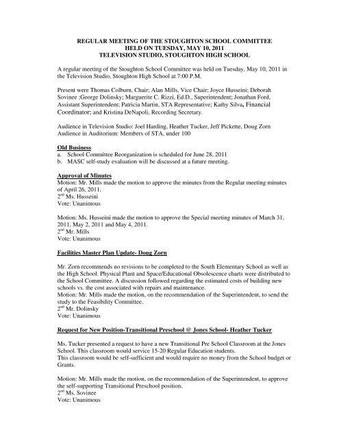 SC Minutes, 5/10/11 - Stoughton Public Schools