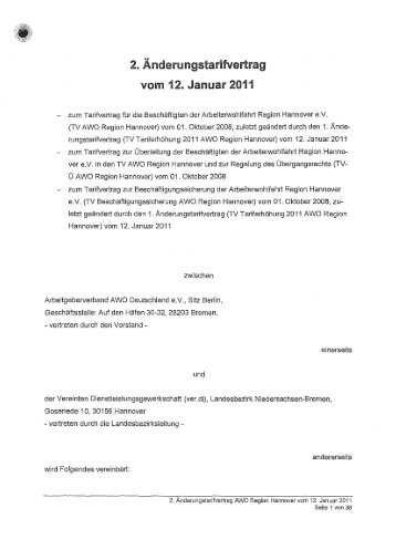 2011 2. Ãnderungstarifvertrag zum TV AWO Region Hannover