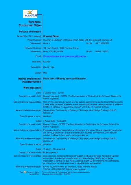 Europass Curriculum Vitae - Centre for Southeast European Studies