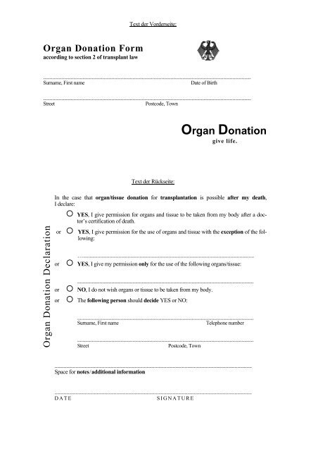 Printable Organ Donation Form - Printable Forms Free Online