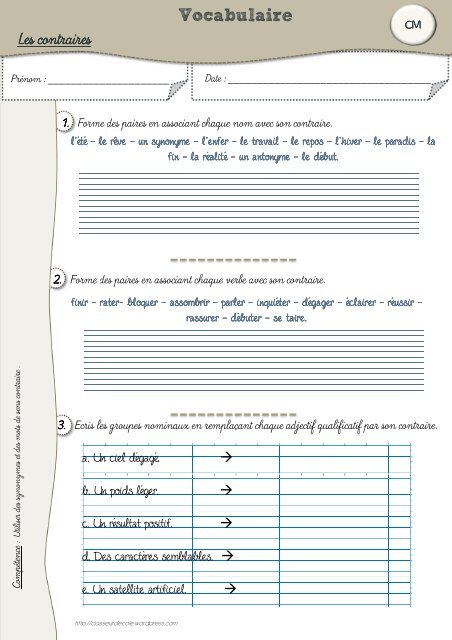 Vocab CM -Contraires - classeurdecole