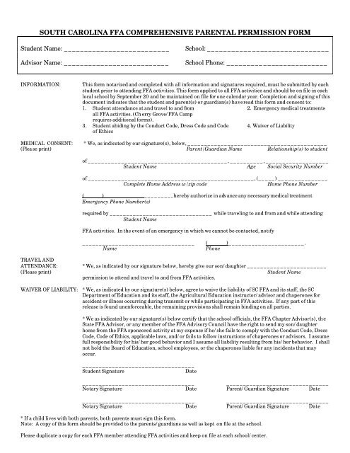 sc ffa comprehensive parental permission form - South Carolina ...