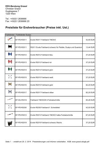 Preisliste fÃ¼r Endverbraucher (Preise inkl. Ust.) - Kartendrucker