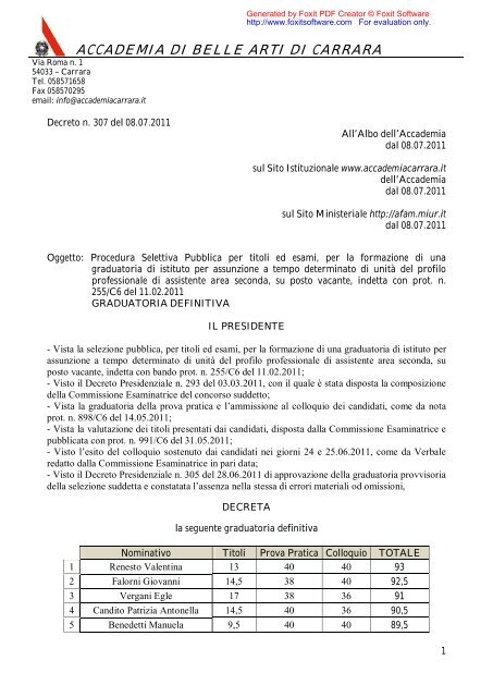 Graduatoria definitiva - Accademia di Belle Arti di Carrara