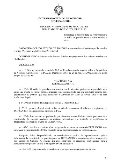 DECRETO NÂº 17800, DE 02 DE MAIO DE 2013 - SEFIN