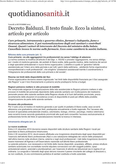 Decreto Balduzzi. Il testo finale. Ecco la sintesi, articolo per articolo