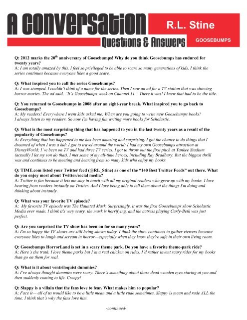 Questions and Answers with R.L. Stine - Scholastic Media Room
