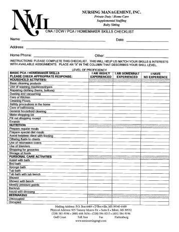 nursing skills checklist